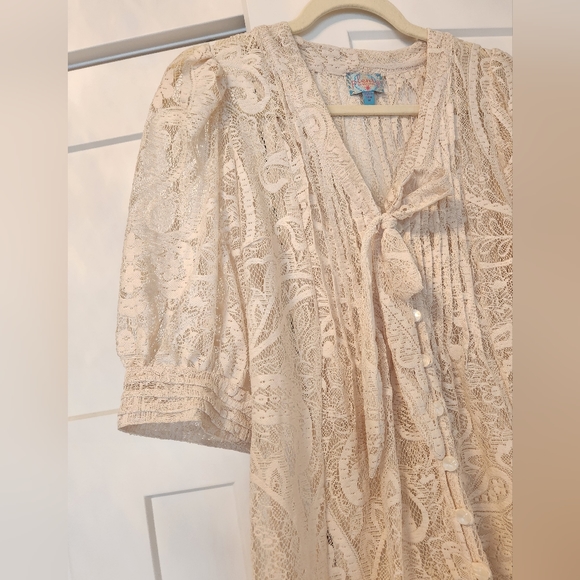 Plenty by Tracy Reese Cream Lace Button Up Blouse sz M Neck Tie Boho Victorian - Picture 4 of 7